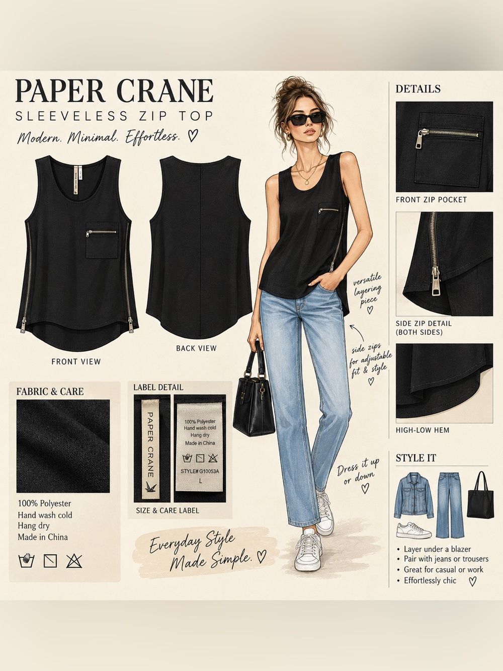 Paper Crane Black Sleeveless Zip-Accent Tank
